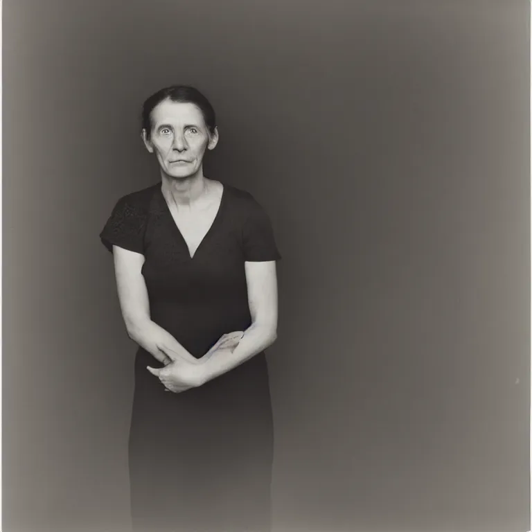 Image similar to studio portrait of a woman, plain black background. studio lighting, directly head on, richard avedon