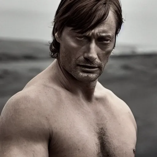 Image similar to a man who is a genetic combination of mads mikkelsen and jude law face and upper - body focus