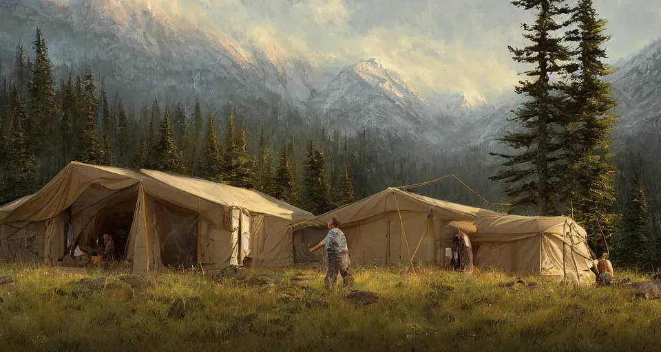 Image similar to cabela's beautiful comfortable modular insulated wall kit - house all weather family dwelling tent house, person in foreground, mountainous forested wilderness open fields, beautiful views, painterly concept art, joanna gaines, environmental concept art, farmhouse, magnolia, concept art illustration, by james gurney, by craig mullins, by greg rutkowski trending on artstation