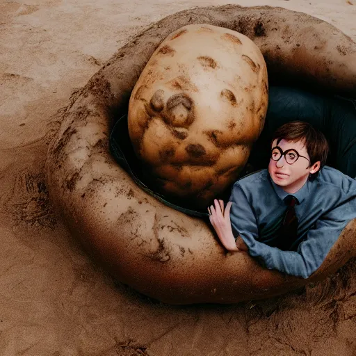 Image similar to harry potter, laying inside of a giant potato, idaho, photography, closeuo, midshot, midday, realistic, cinematic