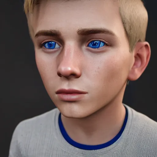 Image similar to a detailed portrait of boy with blonde hair and blue eyes, unreal engine 5 rendered, incredibly highly detailed and realistic, 8 k, sharp focus, studio quality