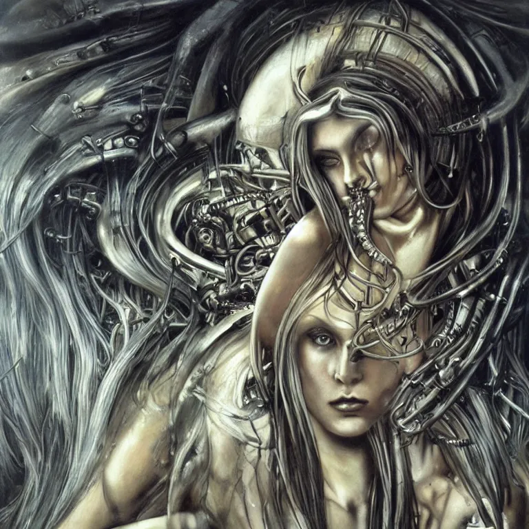 Image similar to beautiful biomechanical moon goddess, flowing hair, intense stare, sweet smile, concept art, realistic oil painting by h. r giger,