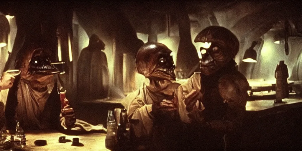 Prompt: a film still from two Mos Eisley cantina aliens having a drink in Star Wars (1977). dimly-lit tavern.