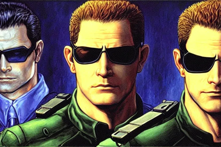 Image similar to albert wesker and chris redfield, painting by jean giraud