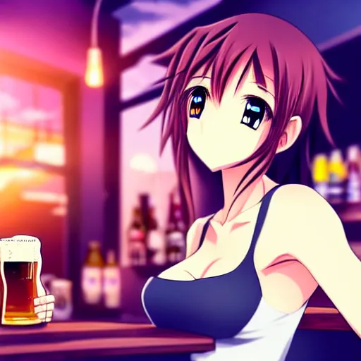 Image similar to Wholesome and masculine looking anime girl at a bar drinking a beer, warm glow from the lights, angle that looks up at her from below, deviantart, pixiv, detailed face, smug appearance, beautiful anime, obviously drunk with reddish cheeks, detailed anime eyes with pupils, in the style of 90s anime