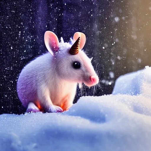 Image similar to unicorn mouse searching for food in the snow, macro shot, soft light of winter, award winning photo, national geographic,