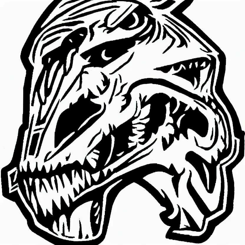 Image similar to rough sketch of a hockey player w a velociraptor skull head sports logo, black and white, pen drawing