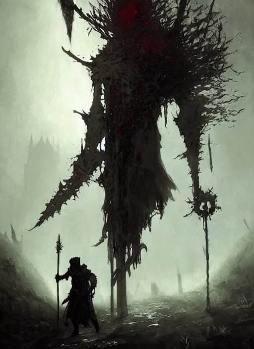 Image similar to folk horror illustration of the ashen one from dark souls 3, art by greg rutkowski, art by craig mullins, art by thomas kincade, art by Yoshitaka Amano