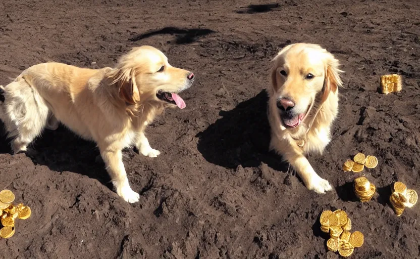 Prompt: photo of a golden retriever in a dark gold mine wearing a western hat and finding piles of gold nuggets