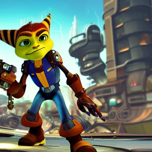 Prompt: ratchet and clank designed by bruce w. smith