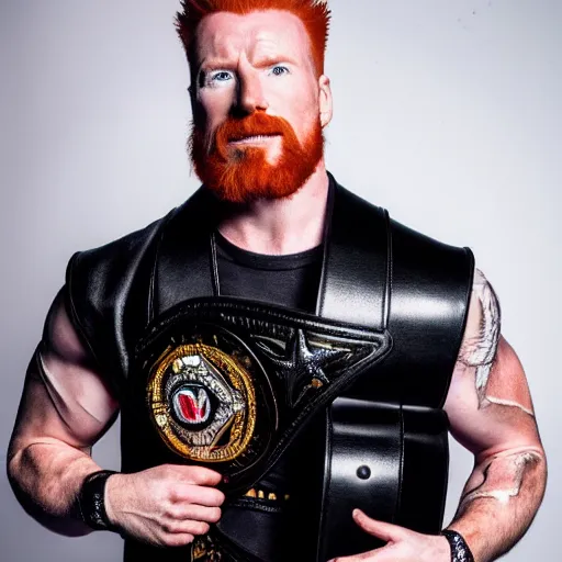 Image similar to Sheamus posing with his champion belt for a magazine photo