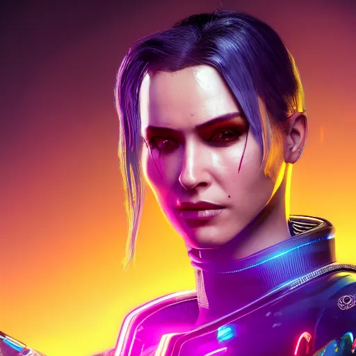 Image similar to headshot portrait of female V from cyberpunk 2077 wearing thick steel choker around neck, 4K, detailed face, collar on neck, realistic, artstation, neon,