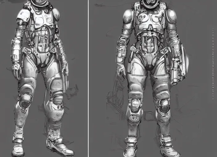 Image similar to front and back character view of Ludens from Kojima Productions by Donato Giancola, Trending on artstation and pixiv concept art and sheet