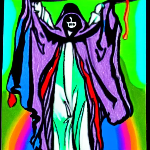 Image similar to the grim reaper wearing joseph's fantastic technicolor dreamcoat