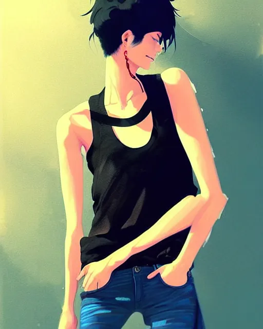 Prompt: a ultradetailed beautiful painting of a stylish woman with short hair, she is wearing a black tank top and jeans, by conrad roset, greg rutkowski and makoto shinkai trending on artstation