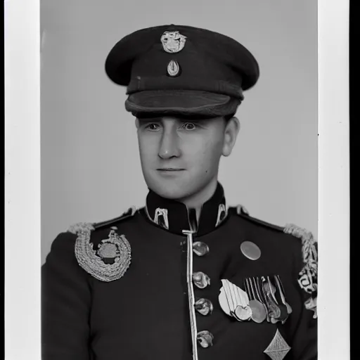 Prompt: his highness the heir presumptive, a clean shaven man in his early 3 0 s with a pleasant look and thick, light hair, his military uniform bearing several medals, black and white photography, kodak retina i, 3 5 mm, photo taken 1 9 0 8