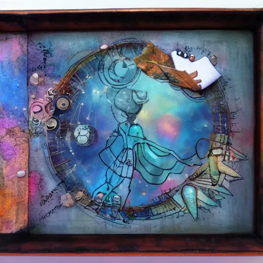 Prompt: navigating dreams, whimsical, mixed media,