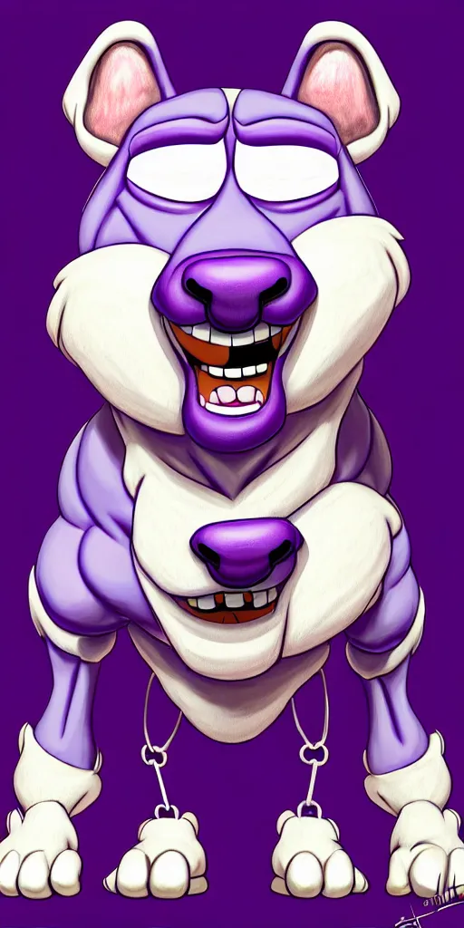 Prompt: painting of an anthropomorphic bulky muscular purple dog, furry style, wearing jeans, deviant art, fursona, professional furry drawing, insanely detailed, bulky dog face, detailed veiny muscles, exaggerated features, beautiful shading, huge white teeth, grinning, standing in a street, flexing and posing, full body, wearing ragged jeans