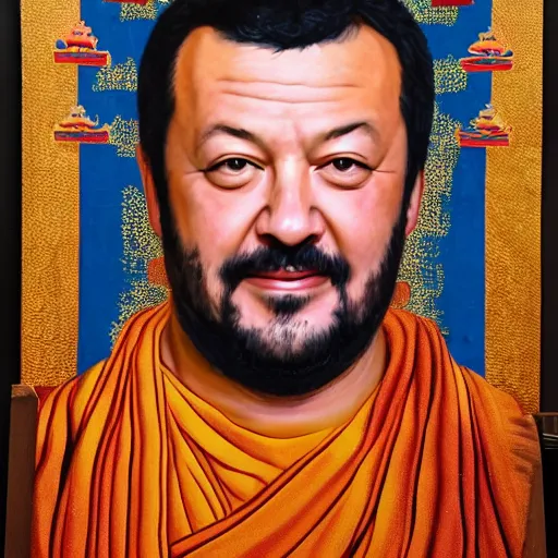 Prompt: thangka painting of matteo salvini, hyperrealistic, trending on artstation