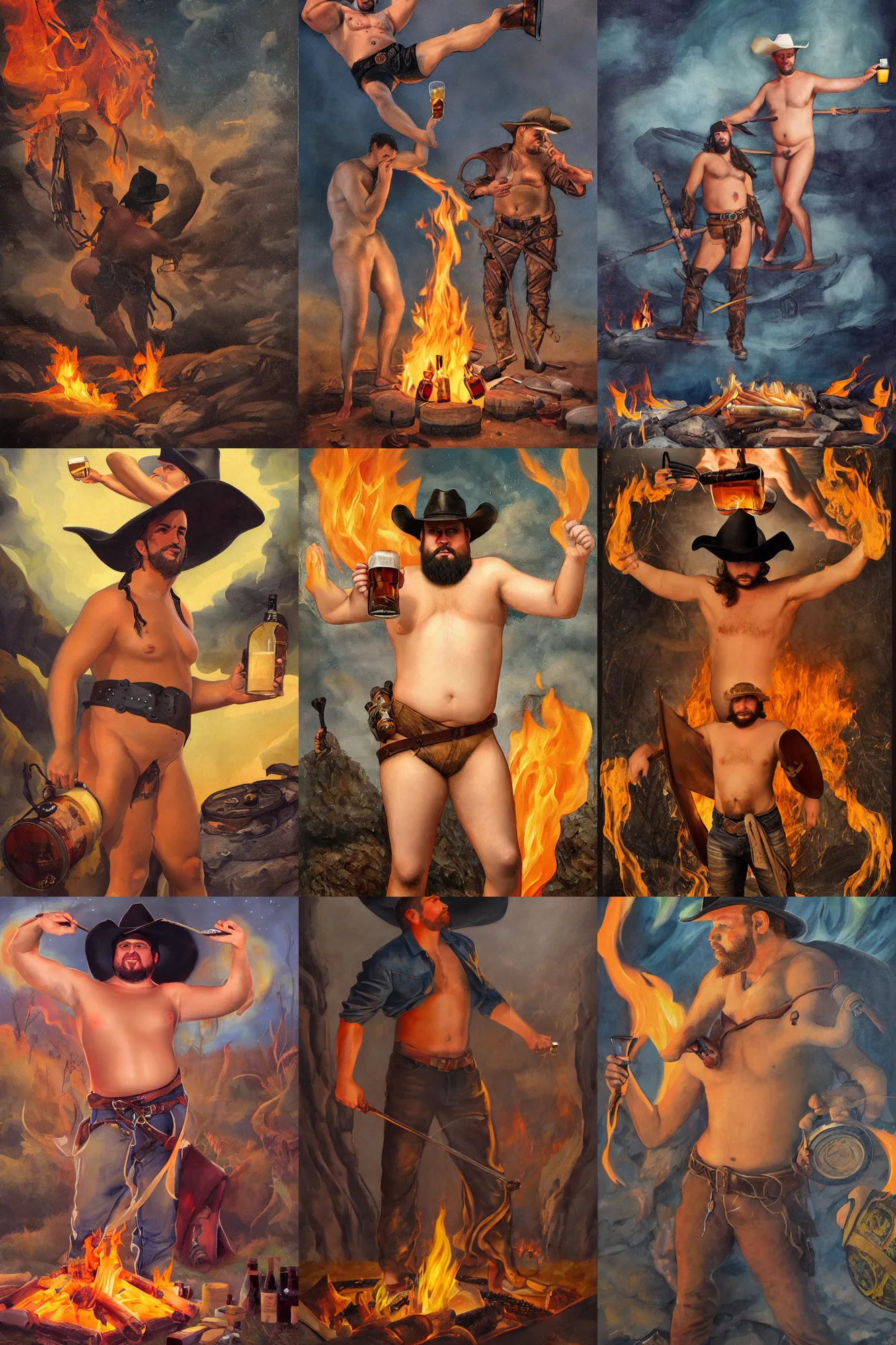 Prompt: a dramatic, epic, ethereal campfire painting of a handsome thicc shirtless cowboy with a beer belly wearing a leather belt and hat offering you a drink | background is a late night with food and jugs of whisky | tarot card, art deco, art nouveau, homoeroticism | by Mark Maggiori | trending on artstation