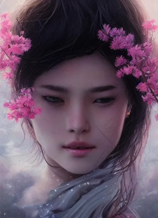 Image similar to beautiful, young eurasian woman, extremely detailed gorgeous face, looks realistic, hyper-detailed portrait, sad eyes tears, vaporwave aesthetic, synthwave, magical, fantasy, flowers, artist Artgerm and Greg Rutkowski and WLOP