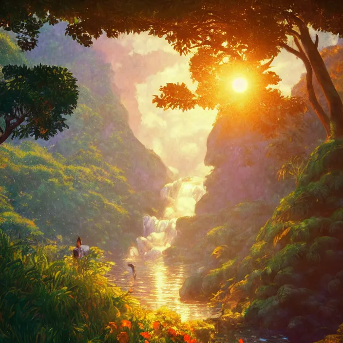 Image similar to an epic makoto shinkai and renoir landscape with a hawaiian waterfall, golden hour, 🌺, ultra smooth, lois van baarle, ilya kuvshinov, unreal engine, blender, trending on artstation, suntur, caleb worcester, highly detailed, photorealism, bloom effect 8 k