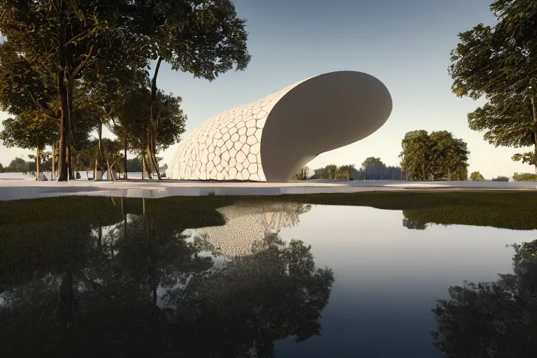 Image similar to a lot of white egg shaped spherical spaces are combined and intersected to form a skum white building. on the calm lake surface, people's perspective, future, interior wood, marble, award winning, highly detailed 4 k art, dusk, unreal engine highly rendered, global illumination, radial light, internal environment