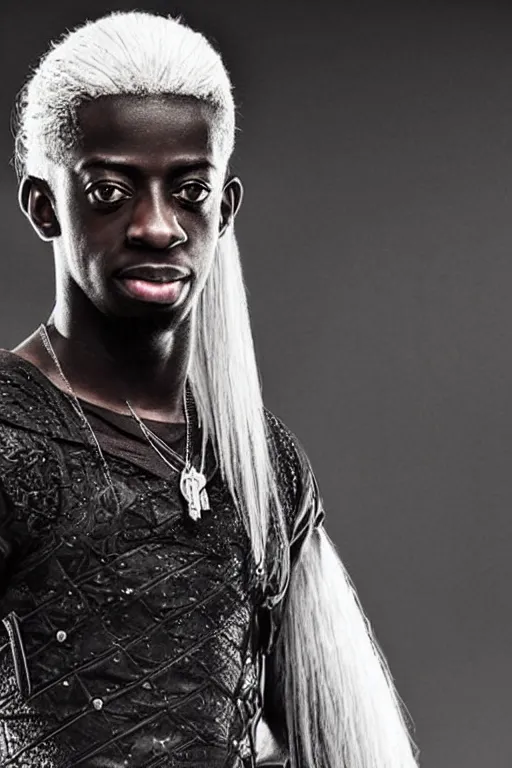 Prompt: Ousmane Dembélé from Barcelona as Geralt of Rivia fromThe Witcher, white hair