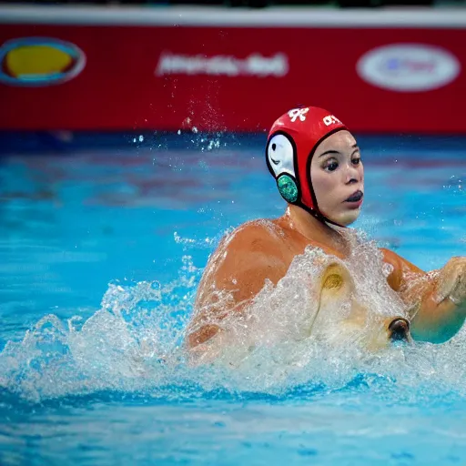 Image similar to a water polo player riding a hippopotamus. sports photograph.