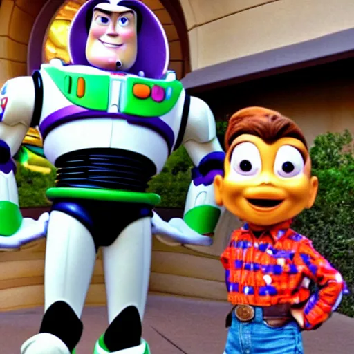 Prompt: buzz lightyear and woody in disneyland