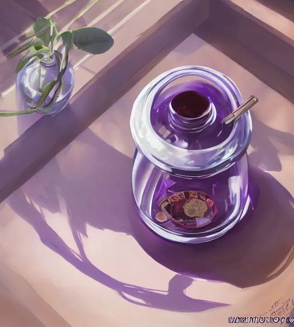 Image similar to a purple potion in a round bottle on a messy brown table, papers, sunlight, window, reflections. by makoto shinkai, stanley artgerm lau, wlop, rossdraws, james jean, andrei riabovitchev, marc simonetti, krenz cushart, sakimichan, d & d trending on artstation, digital art