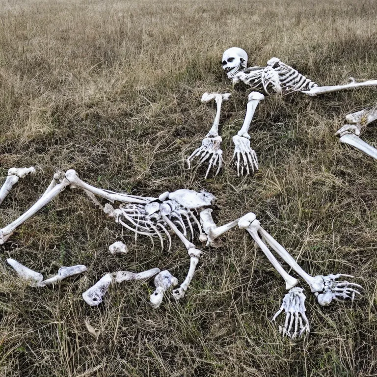 Image similar to decaying skeleton and bones. in a meadow