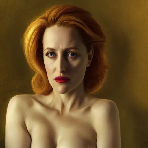 Image similar to portrait of Gillian Anderson as a lady vampire, 35mm, depth of field, DOF, ominous, sharp, highly detailed, photorealistic, realistic, unreal 5, high, definition, 8k, artstation, donato giancola, irwin penn, Alphonse Mucha