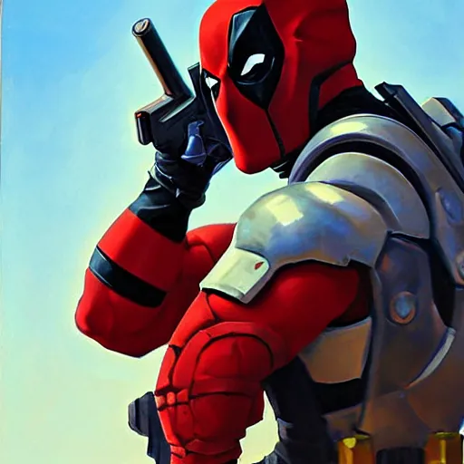 Image similar to greg manchess portrait painting of armored deadpool as overwatch character, medium shot, asymmetrical, profile picture, organic painting, sunny day, matte painting, bold shapes, hard edges, street art, trending on artstation, by huang guangjian and gil elvgren and sachin teng