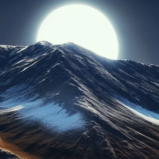 Image similar to small dark black sun above mountains, highly detailed, photorealistic shot, bright studio setting, studio lighting, crisp quality and light reflections, unreal engine 5 quality render