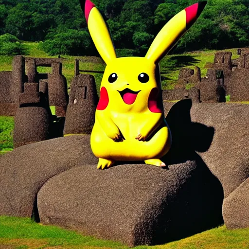 Image similar to pikachu as a moai statue, travel photo