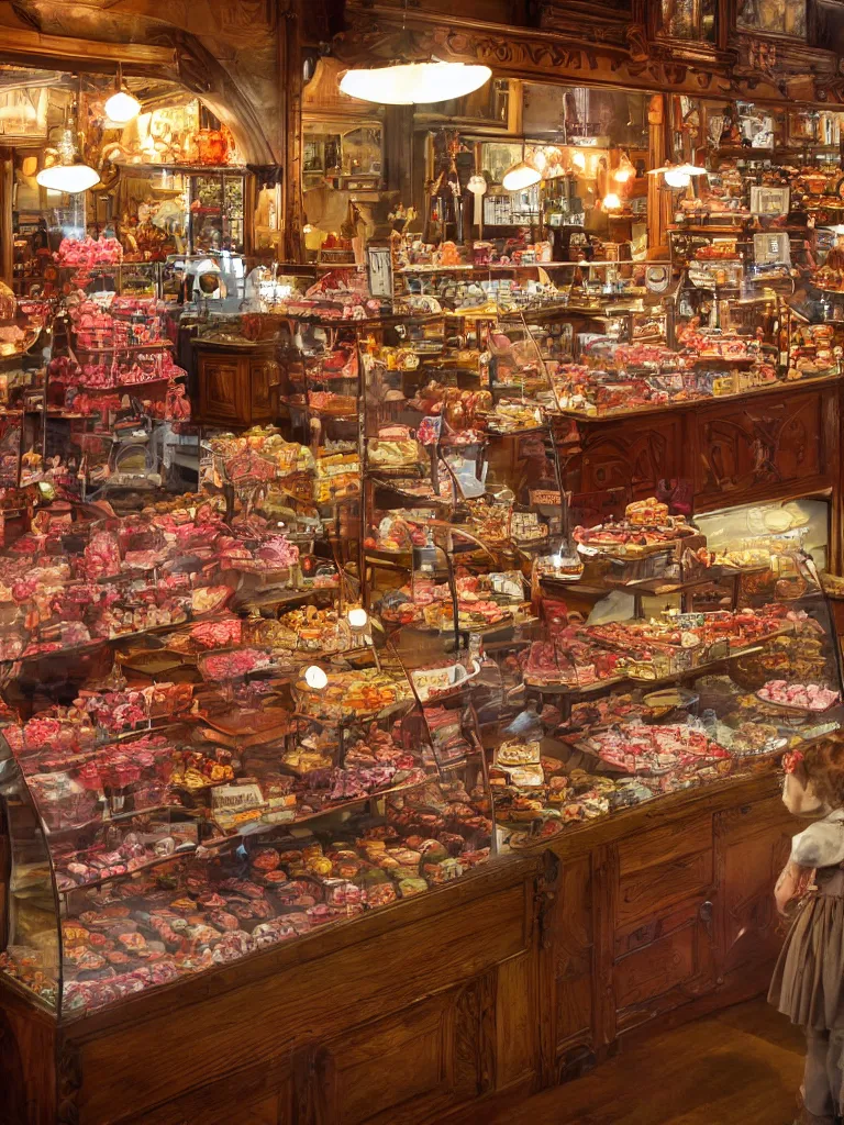 Prompt: Inside a beautiful old fashioned sweet shop, fantasy vendor interior, wide angle, cinematic shot, highly detailed, cinematic lighting , photo-realistic