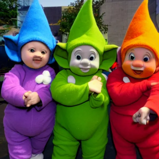 Image similar to Dwarfs dressed as Teletubbies acidwave