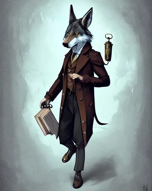 Prompt: anthropomorphic art of a detective wolf, handsome, victorian inspired clothing by artgerm, victo ngai, ryohei hase, artstation. fractal papers and books. highly detailed digital painting, smooth, global illumination, fantasy art by greg rutkowsky, karl spitzweg