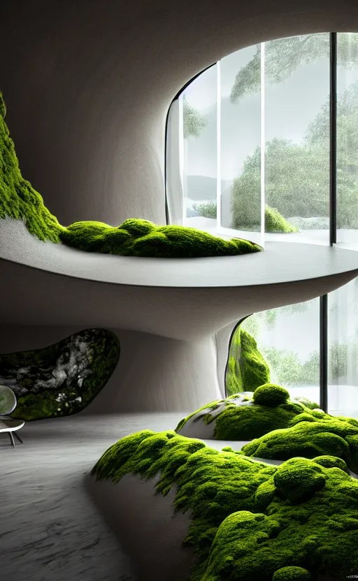 Prompt: highly detailed ultra sharp villa natural light interior soft cinematic cellular composition of a smooth ceramic porcelain biomorphic magnolia stone nebula fluid fractal sci - fi surreal architecture landscape, granite, furniture, marble, moss, lichen, fungi, vincent callebaut composition, mamou - mani, archviz, 8 k, unreal engine