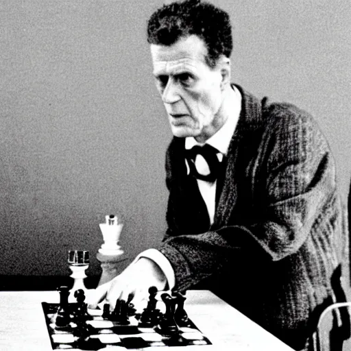 Prompt: ludwig wittgenstein playing chess with a robot, dramatic angle
