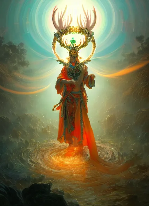 Prompt: Gigantic Deity with a halo made of fluorescent mushrooms and white antlers, flowing robes, extremly detailed digital painting, in the style of Fenghua Zhong and Ruan Jia and Peter Mohrbacher, mystical colors, rim light, beautiful lighting, 8k, stunning scene, raytracing, octane, trending on artstation