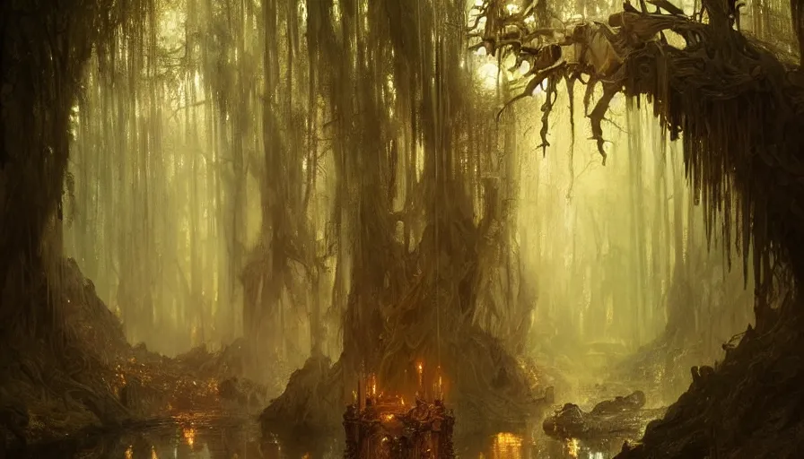 Image similar to a beautiful intricate painting of a gateway to hell in a dark evil fantasy forest, reflections, very high details by william turner art, greg rutkowski and alphonse mucha, trending on artstation, very very detailed, masterpiece,