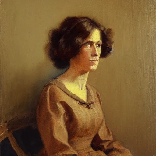 Image similar to a painting of a woman in a brown dress, a portrait by Jeanne du Maurier, cgsociety, american barbizon school, studio portrait, oil on canvas, chiaroscuro