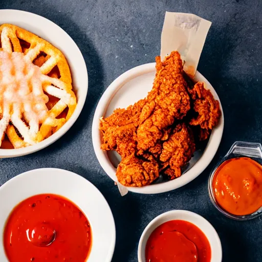 Image similar to photograph of a fried chicken and funnel cake basket, Buffalo sauce on the side, 4K, HD