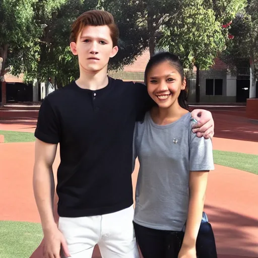 Prompt: Tom Holland with his arm around a Filipina college girl at Chapman University