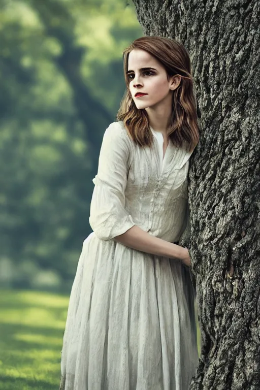 Prompt: Photo of Emma Watson in front of an oak tree, vibrant lighting, elegant, highly detailed, smooth, sharp focus, illustration, beautiful, geometric, trending on artstation, full body, cinematic, artwork by Borovikovsky