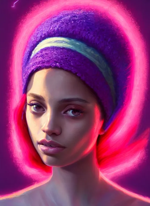 Image similar to portrait of teenage vanessa morgan with bright pink hair, vanessa morgan, curly pixie cut hair, wearing a purple breton cap, breton cap, hoop earrings, intricate, elegant, glowing lights, highly detailed, digital painting, artstation, concept art, smooth, sharp focus, illustration, art by wlop, mars ravelo and greg rutkowski