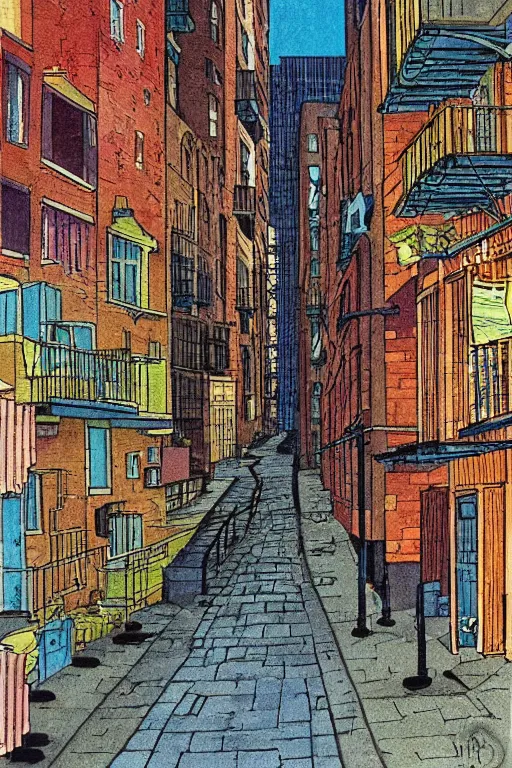 Image similar to a 2D drawing of an alley in New York in 1980s, colorful and beautiful by hiroshi yoshida