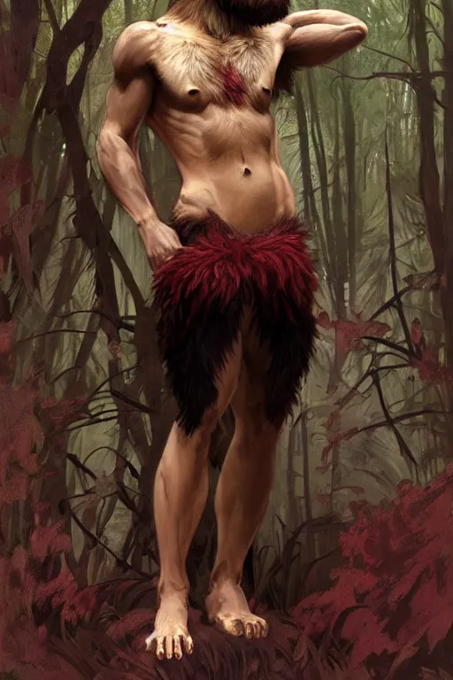 Prompt: portrait of a beautiful young fit male werewolf, wolf head, partially male hairy torso, fur covered legs, feral scene, by greg rutkowski and alphonse mucha, d & d character, gradient red to black, in front of a forest background, highly detailed portrait, digital painting, artstation, concept art, smooth, sharp focus ilustration, artstation hq